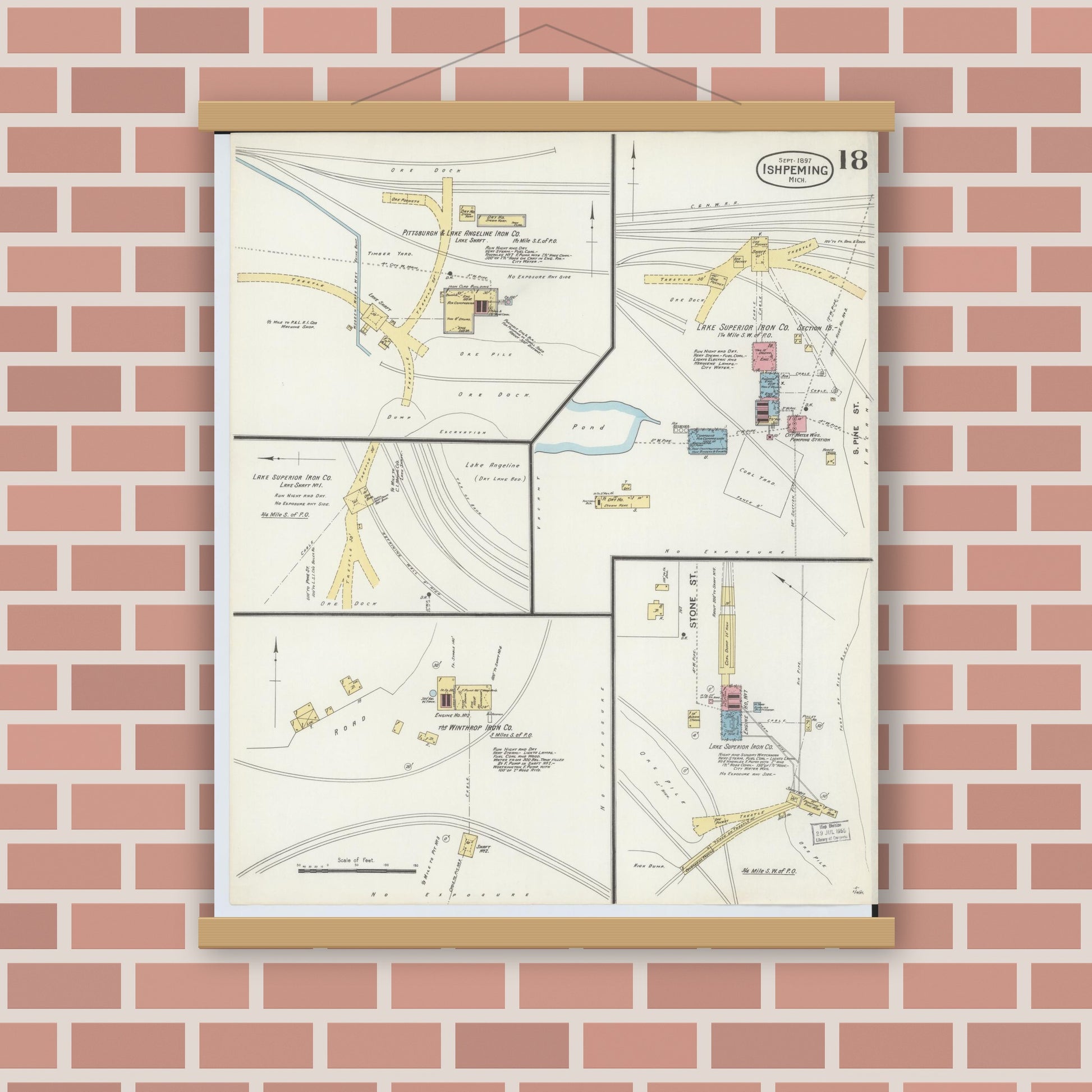 Old map wall art mockup — magnetic wood frame on brick wall — Sanborn Fire Insurance Map from Ishpeming, Marquette County, Michigan (1897), Sheet #0018