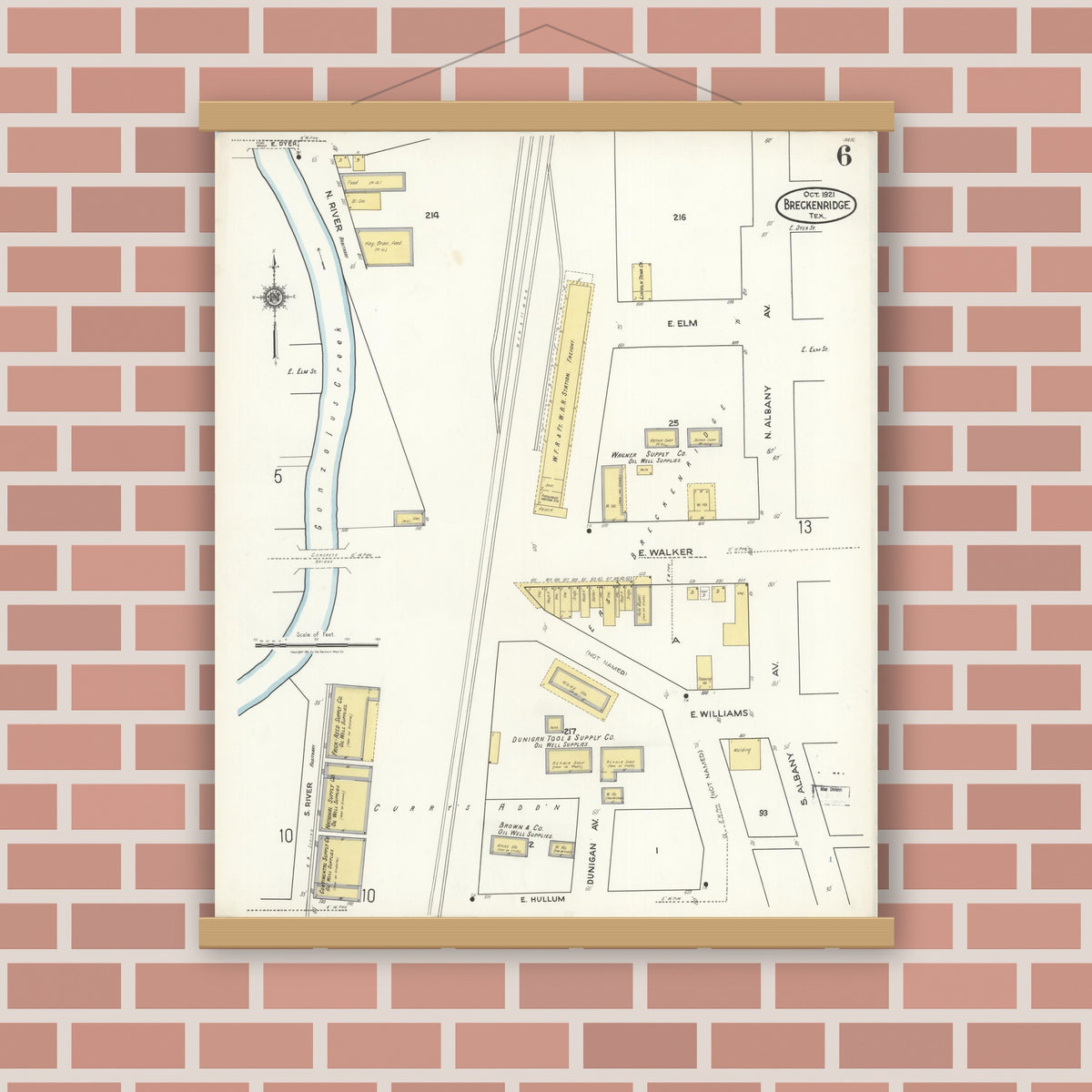 Old map wall art mockup — magnetic wood frame on brick wall — Sanborn Fire Insurance Map from Breckenridge, Stephens County, Texas (1921), Sheet #0006