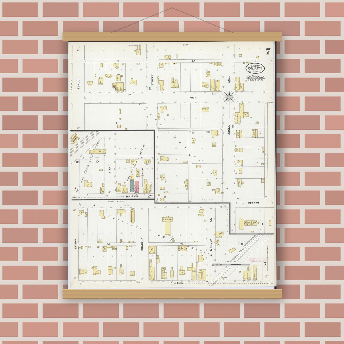 Old map wall art mockup — magnetic wood frame on brick wall — Sanborn Fire Insurance Map from Coal City, Grundy County, Illinois (1907), Sheet #0007