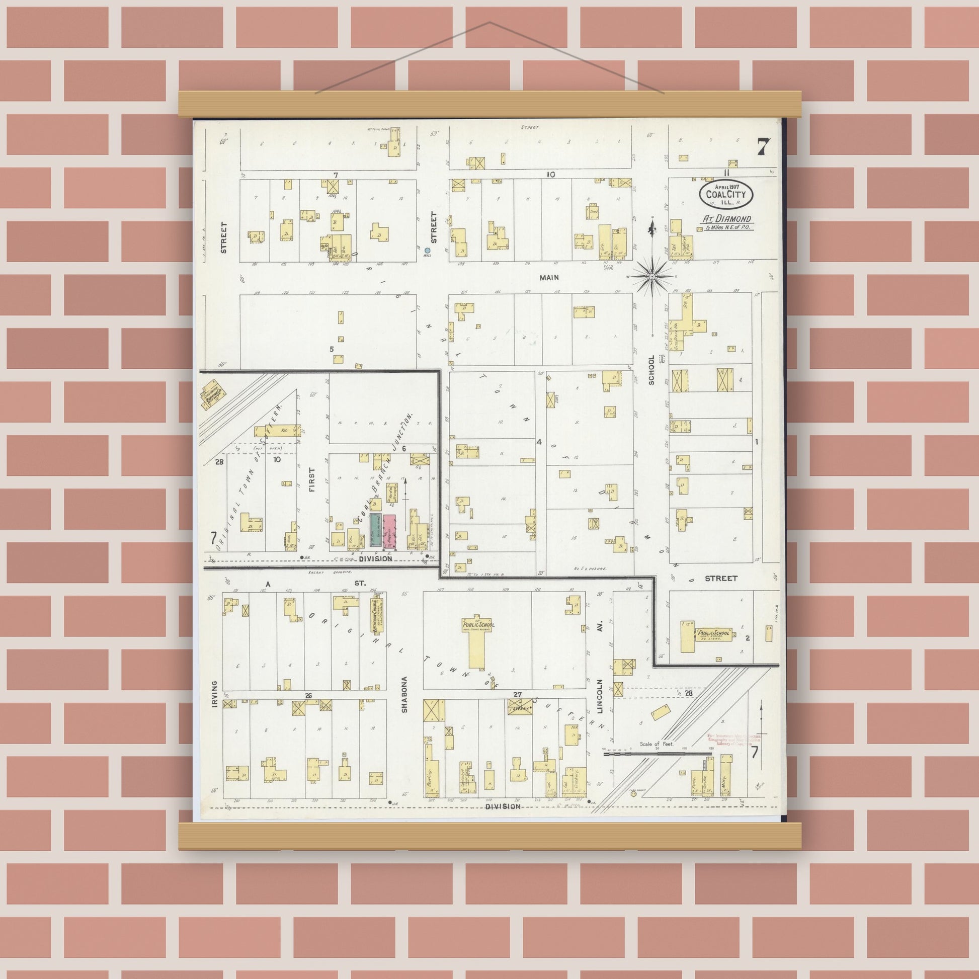 Old map wall art mockup — magnetic wood frame on brick wall — Sanborn Fire Insurance Map from Coal City, Grundy County, Illinois (1907), Sheet #0007