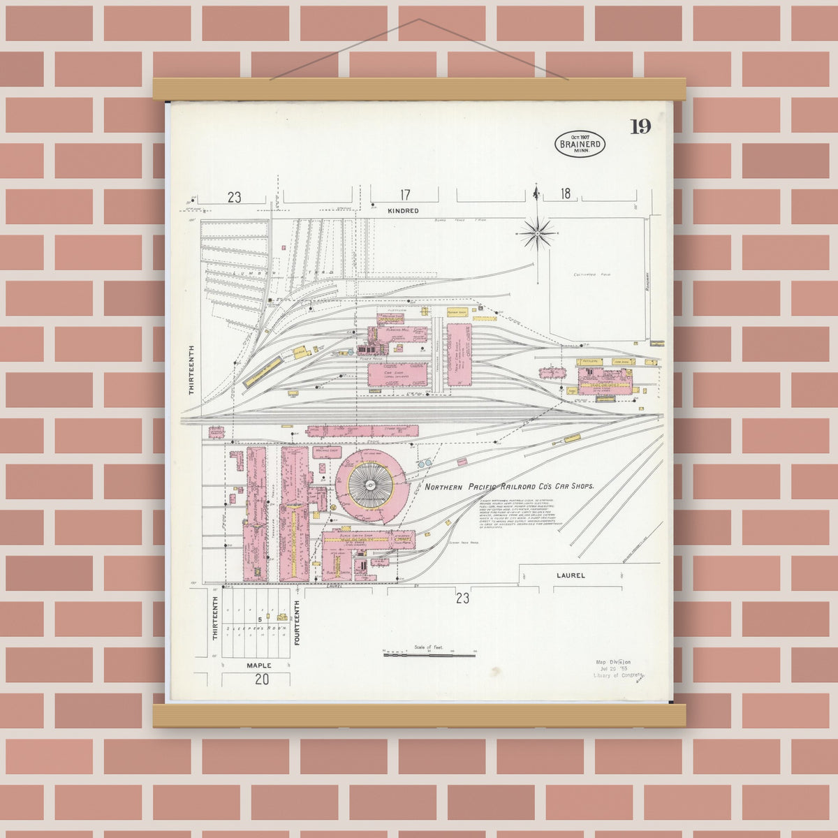 Old map wall art mockup — magnetic wood frame on brick wall — Sanborn Fire Insurance Map from Brainerd, Crow Wing County, Minnesota (1907), Sheet #0019