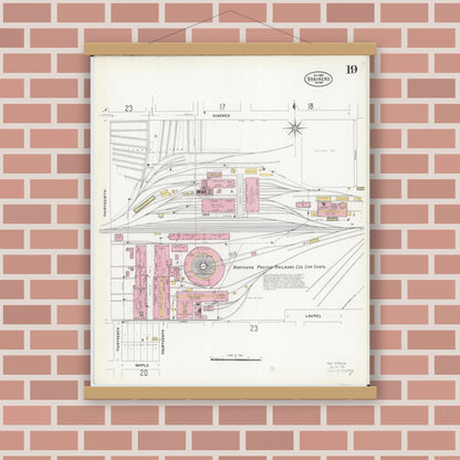 Old map wall art mockup — magnetic wood frame on brick wall — Sanborn Fire Insurance Map from Brainerd, Crow Wing County, Minnesota (1907), Sheet #0019