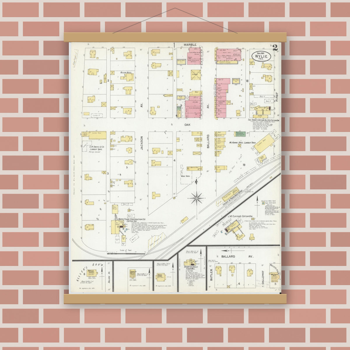 Old map wall art mockup — magnetic wood frame on brick wall — Sanborn Fire Insurance Map from Wolfe City, Hunt County, Texas (1901), Sheet #0002