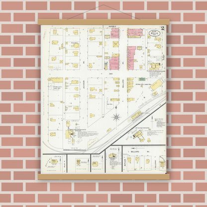 Old map wall art mockup — magnetic wood frame on brick wall — Sanborn Fire Insurance Map from Wolfe City, Hunt County, Texas (1901), Sheet #0002