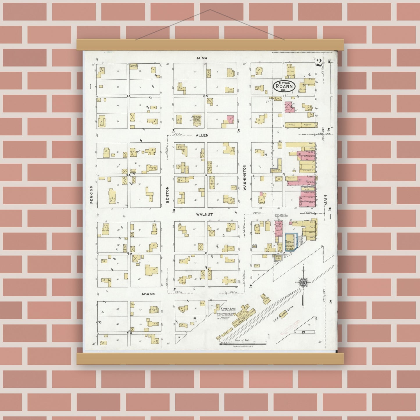 Old map wall art mockup — magnetic wood frame on brick wall — Sanborn Fire Insurance Map from Roann, Wabash County, Indiana (1920), Sheet #0002