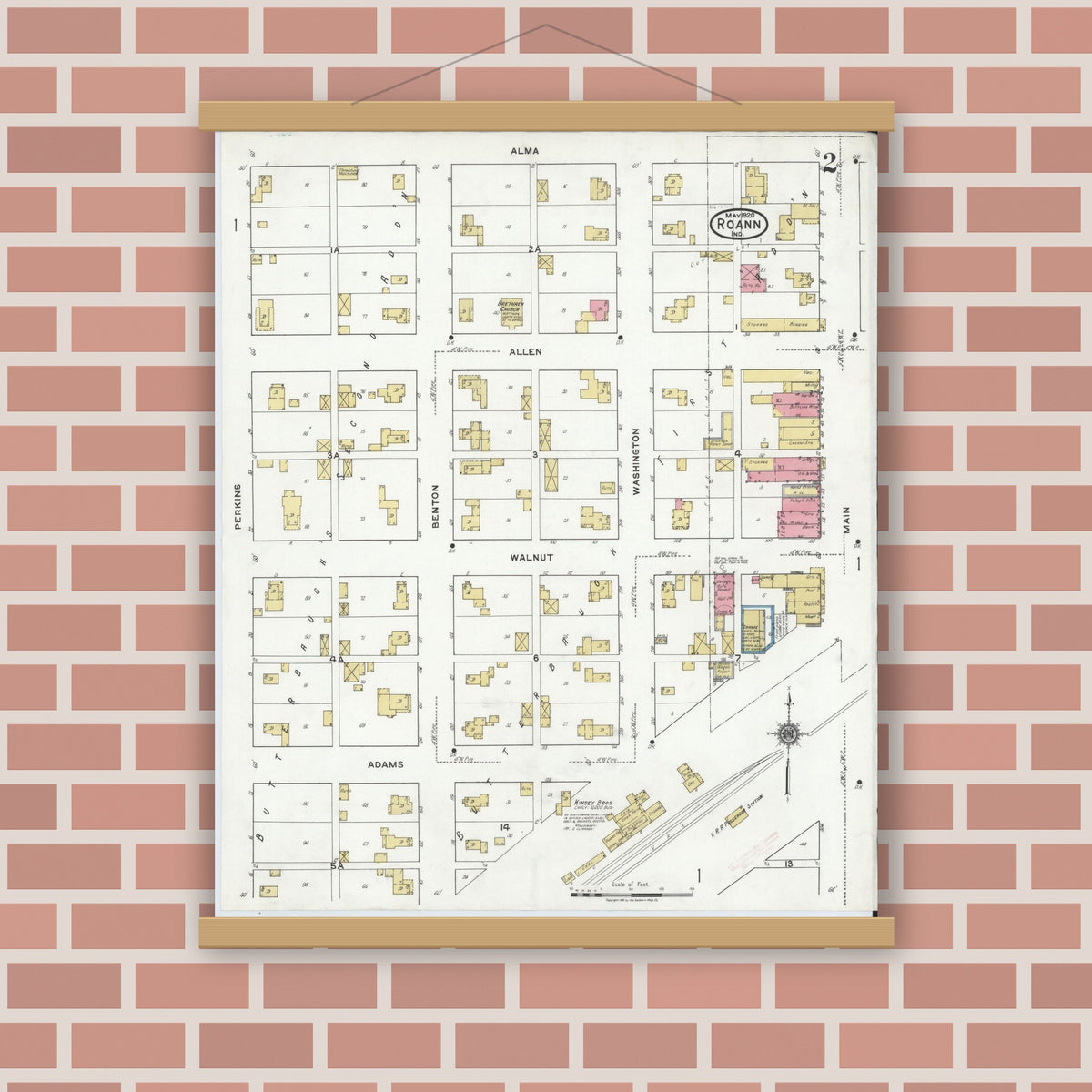 Old map wall art mockup — magnetic wood frame on brick wall — Sanborn Fire Insurance Map from Roann, Wabash County, Indiana (1920), Sheet #0002