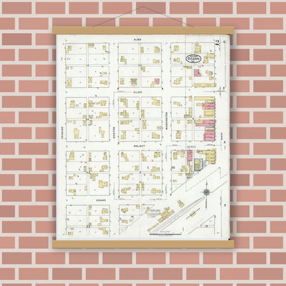 Old map wall art mockup — magnetic wood frame on brick wall — Sanborn Fire Insurance Map from Roann, Wabash County, Indiana (1920), Sheet #0002