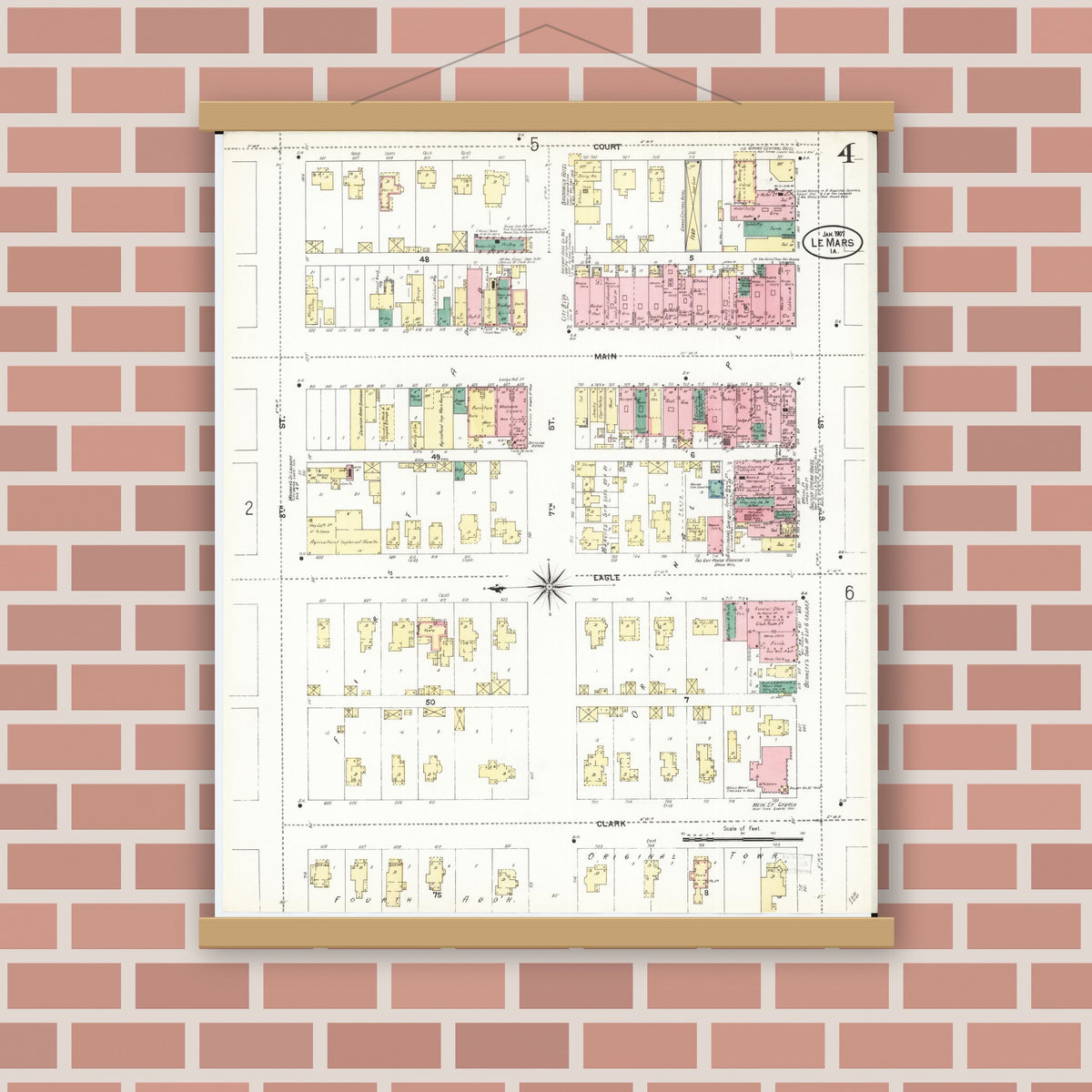 Old map wall art mockup — magnetic wood frame on brick wall — Sanborn Fire Insurance Map from Le Mars, Plymouth County, Iowa (1907), Sheet #0004