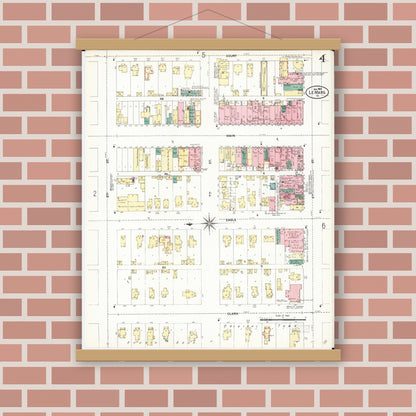 Old map wall art mockup — magnetic wood frame on brick wall — Sanborn Fire Insurance Map from Le Mars, Plymouth County, Iowa (1907), Sheet #0004