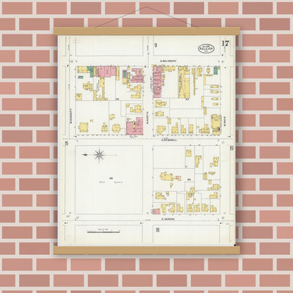 Old map wall art mockup — magnetic wood frame on brick wall — Sanborn Fire Insurance Map from Raleigh, Wake County, North Carolina (1903), Sheet #0017