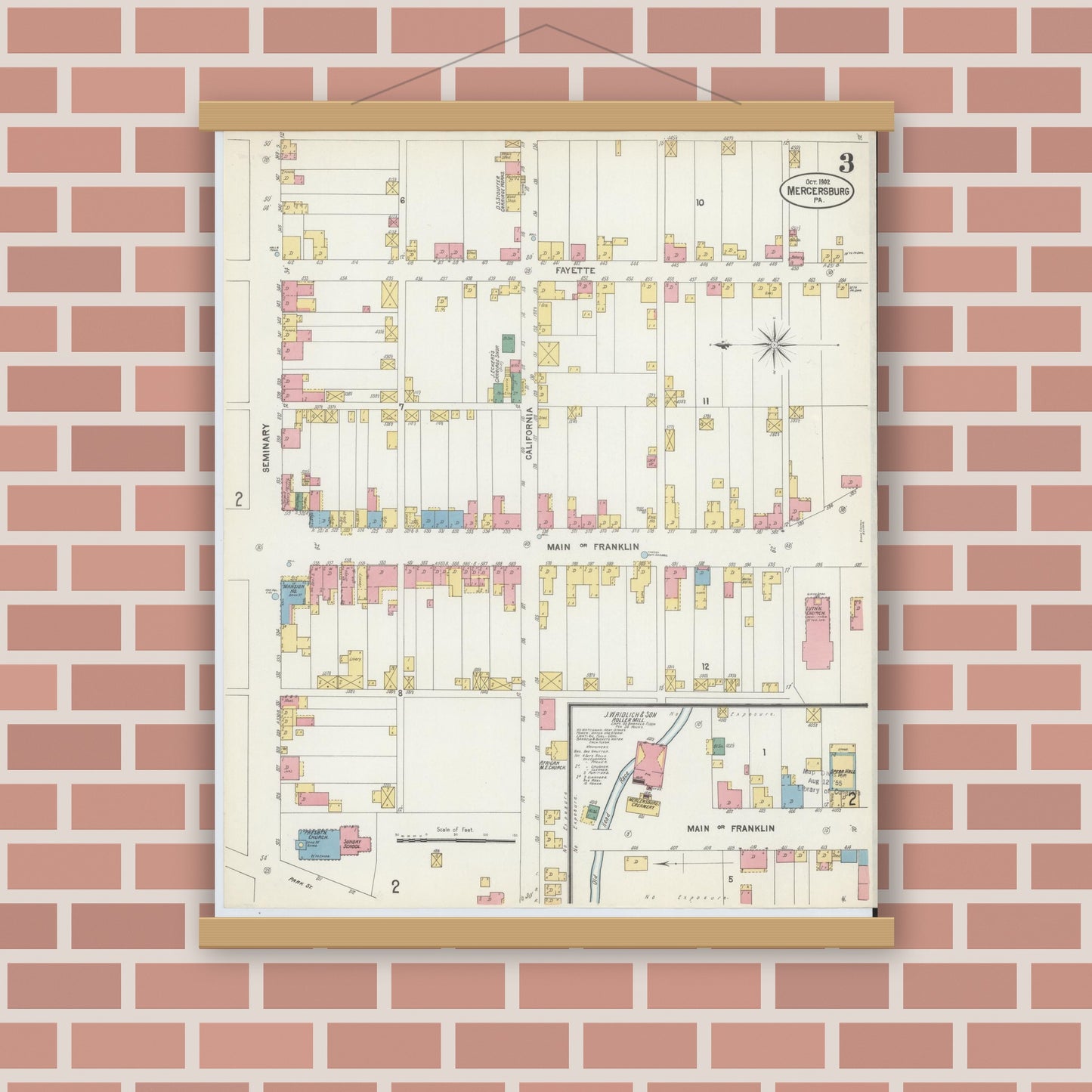 Old map wall art mockup — magnetic wood frame on brick wall — Sanborn Fire Insurance Map from Mercersburg, Franklin County, Pennsylvania (1902), Sheet #0003