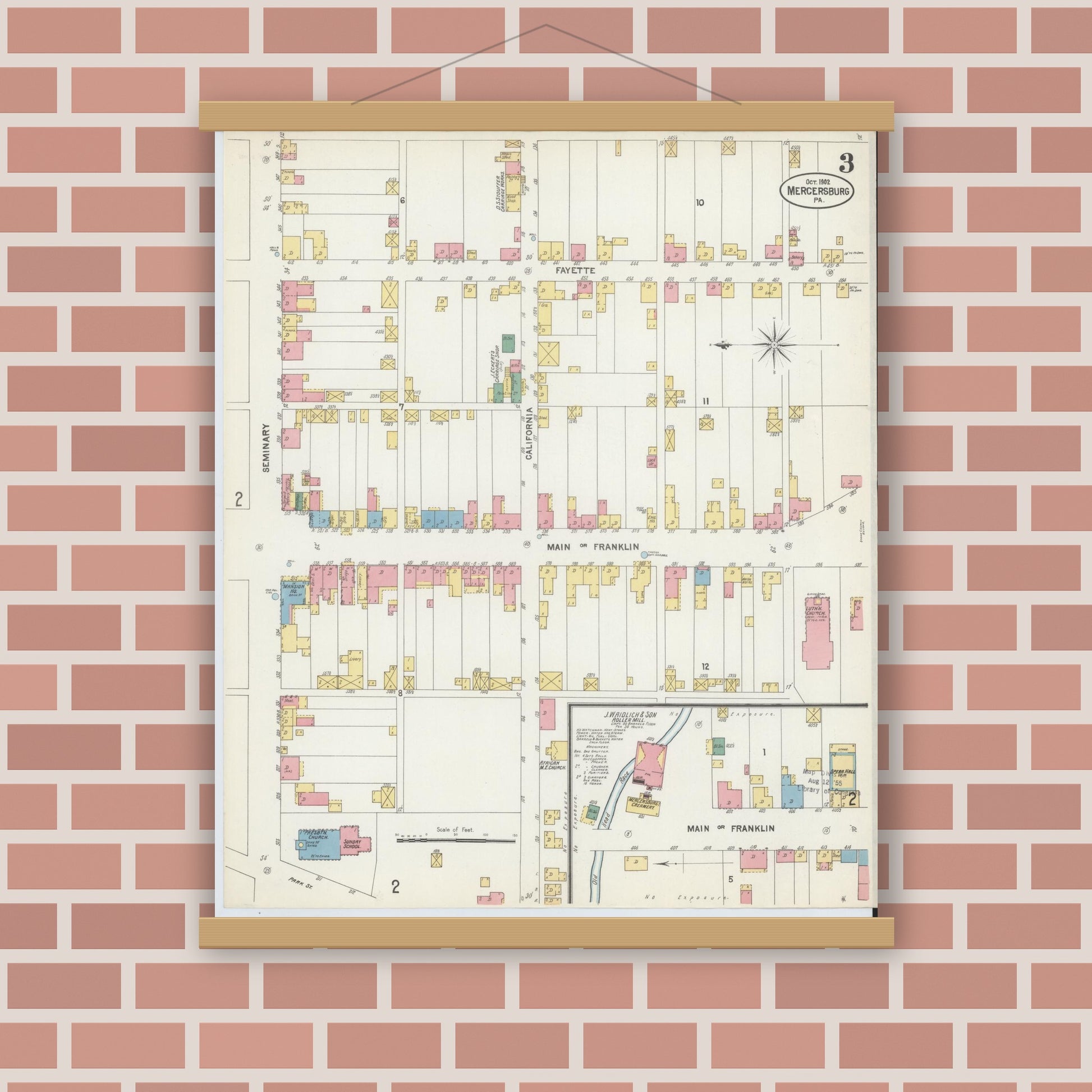 Old map wall art mockup — magnetic wood frame on brick wall — Sanborn Fire Insurance Map from Mercersburg, Franklin County, Pennsylvania (1902), Sheet #0003