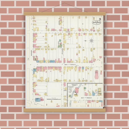 Old map wall art mockup — magnetic wood frame on brick wall — Sanborn Fire Insurance Map from Mercersburg, Franklin County, Pennsylvania (1902), Sheet #0003