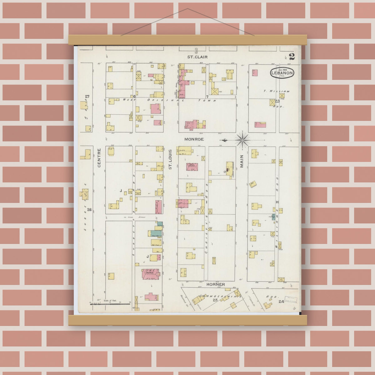 Old map wall art mockup — magnetic wood frame on brick wall — Sanborn Fire Insurance Map from Lebanon, Saint Clair County, Illinois (1894), Sheet #0002