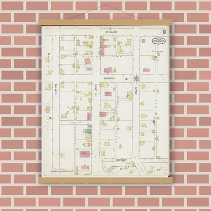 Old map wall art mockup — magnetic wood frame on brick wall — Sanborn Fire Insurance Map from Lebanon, Saint Clair County, Illinois (1894), Sheet #0002
