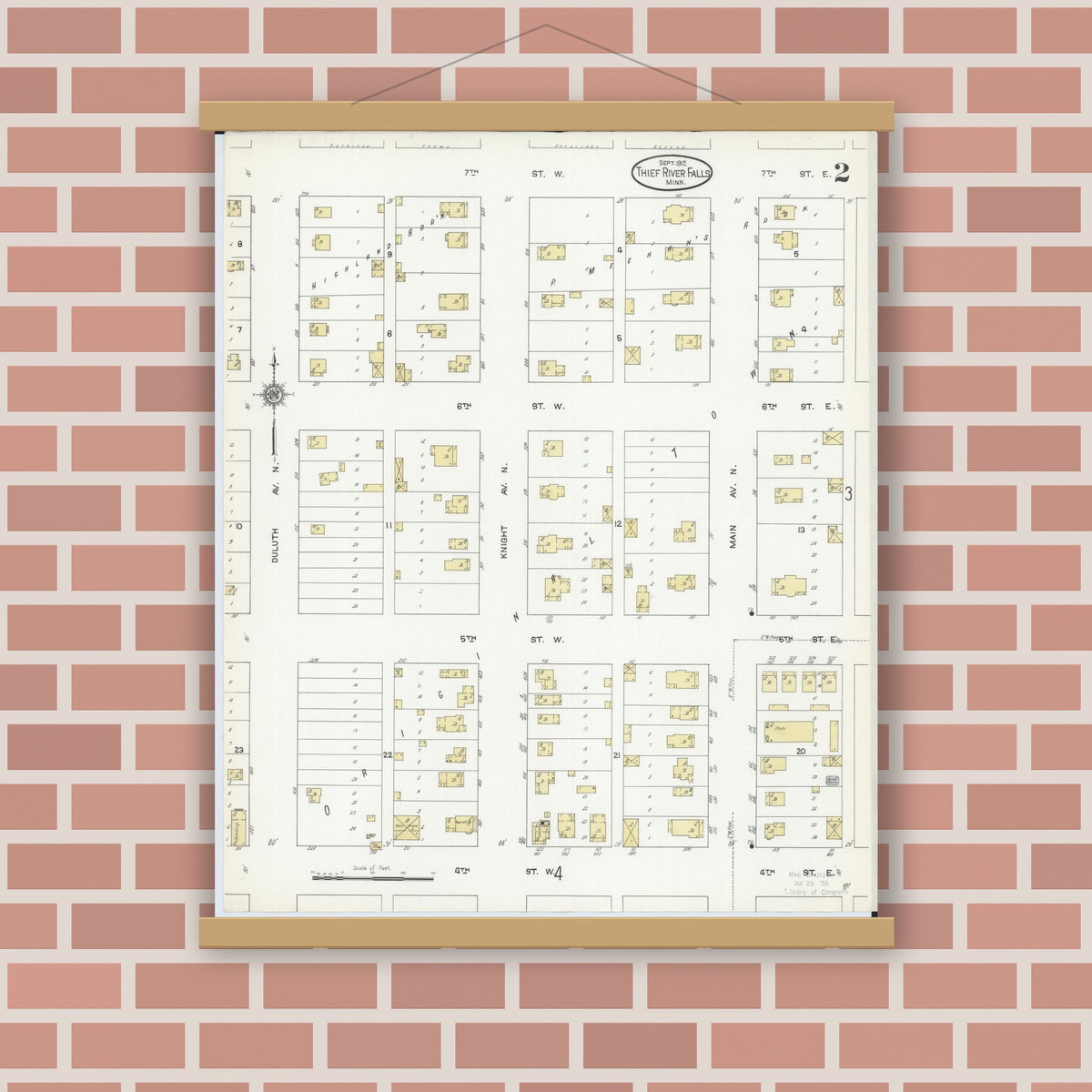 Old map wall art mockup — magnetic wood frame on brick wall — Sanborn Fire Insurance Map from Thief River Falls, Pennington County, Minnesota (1912), Sheet #0002