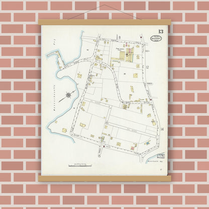 Old map wall art mockup — magnetic wood frame on brick wall — Sanborn Fire Insurance Map from Nahant, Essex County, Massachusetts (1914), Sheet #0013