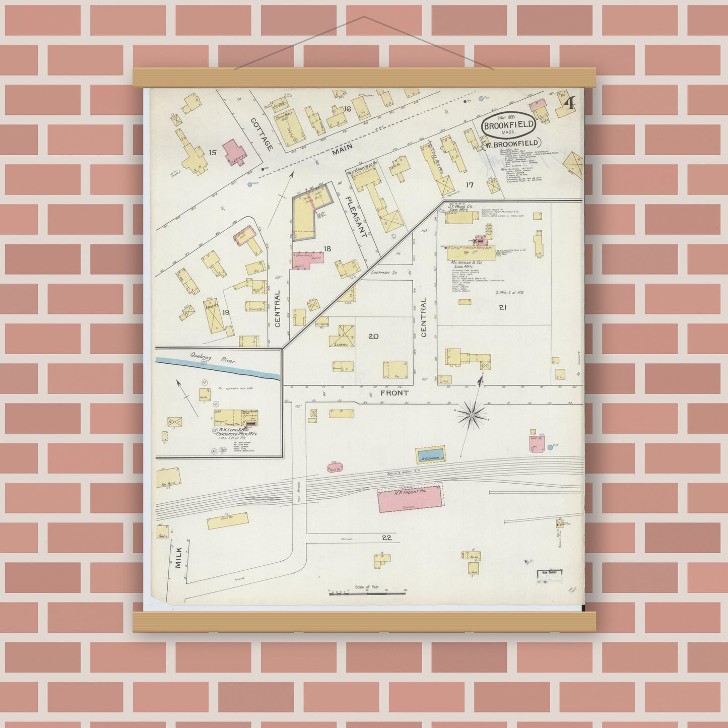 Old map wall art mockup — magnetic wood frame on brick wall — Sanborn Fire Insurance Map from Brookfield, Worcester County, Massachusetts (1893), Sheet #0004