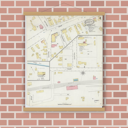 Old map wall art mockup — magnetic wood frame on brick wall — Sanborn Fire Insurance Map from Brookfield, Worcester County, Massachusetts (1893), Sheet #0004