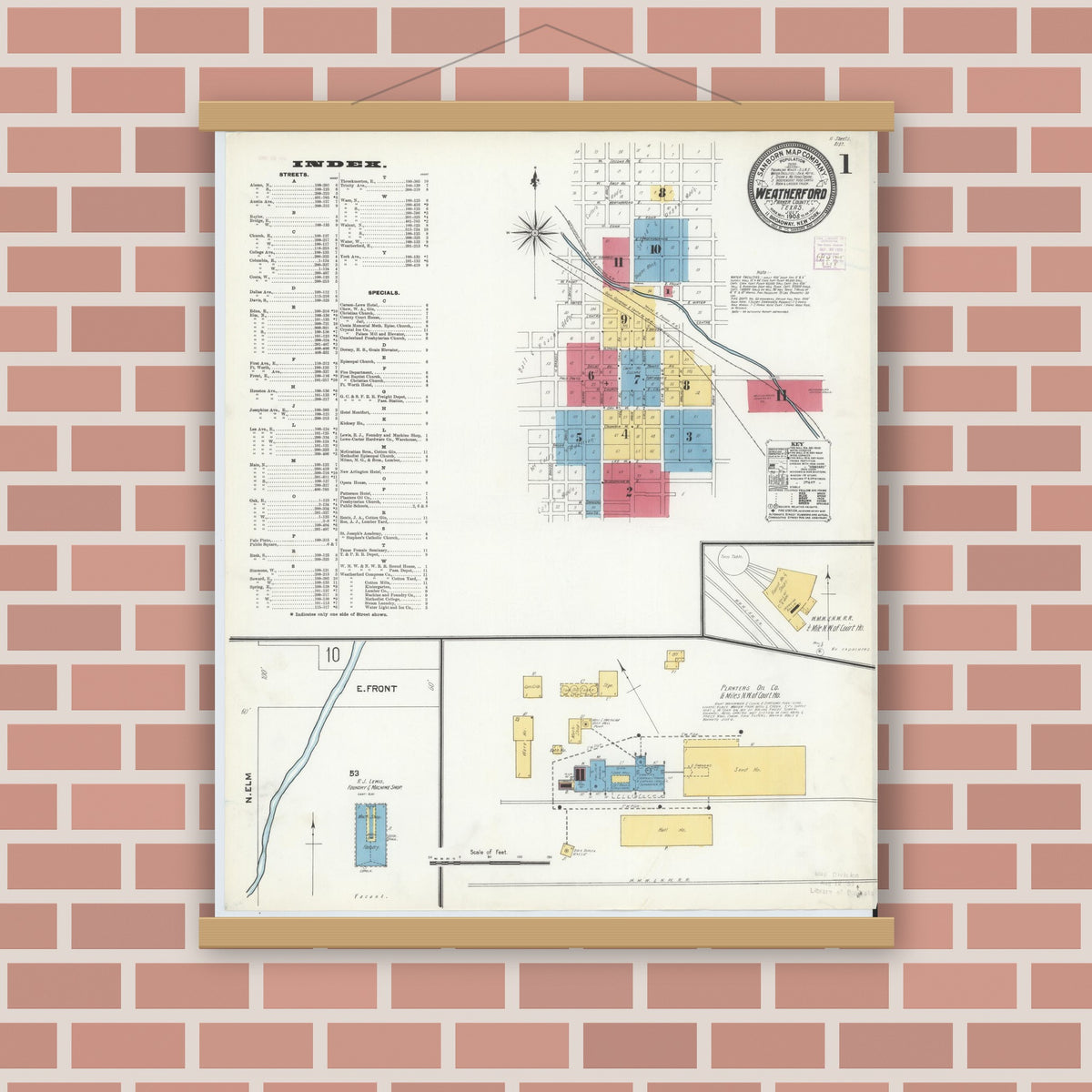 Old map wall art mockup — magnetic wood frame on brick wall — Sanborn Fire Insurance Map from Weatherford, Parker County, Texas (1905) - Complete Map Set