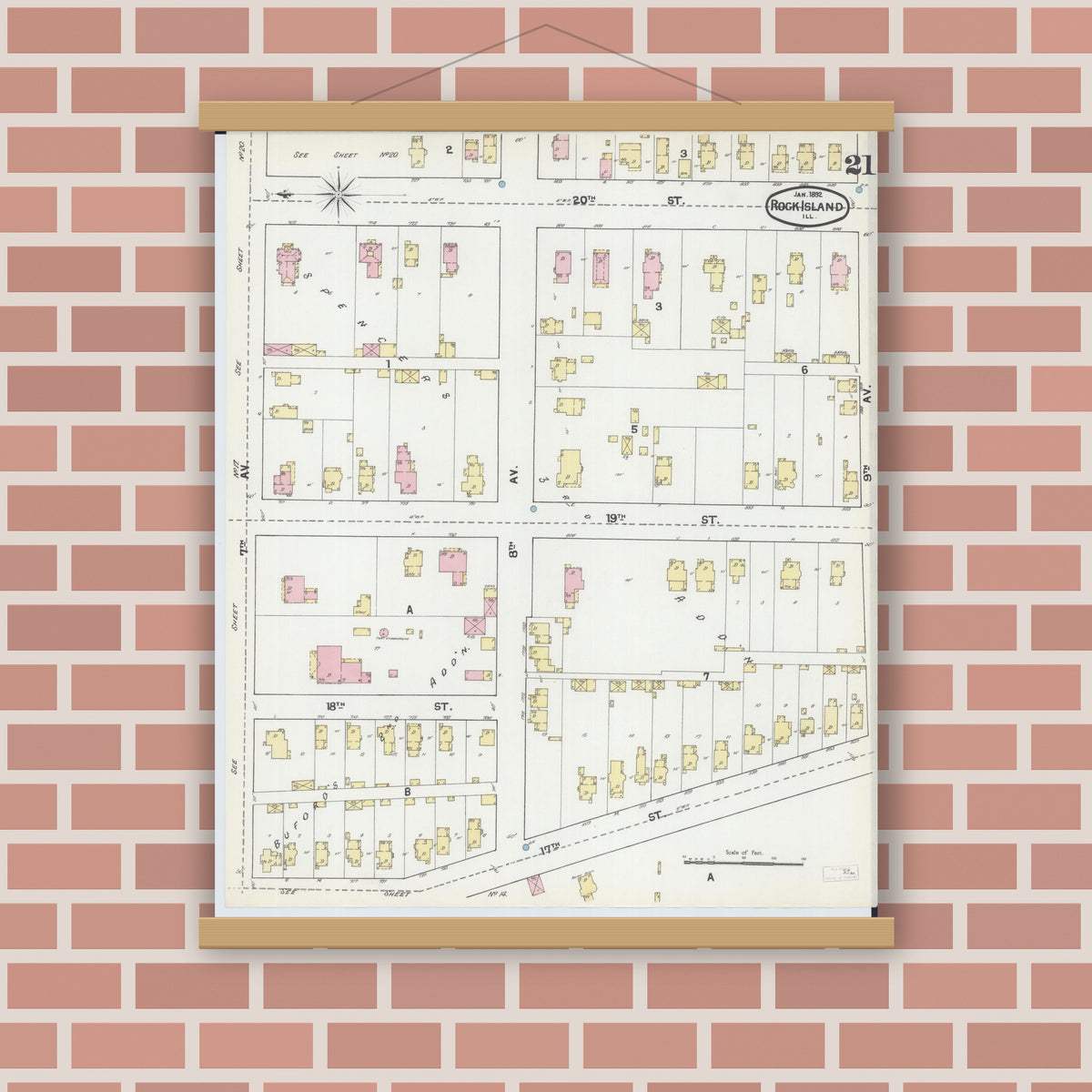 Old map wall art mockup — magnetic wood frame on brick wall — Sanborn Fire Insurance Map from Rock Island, Rock Island County, Illinois (1892), Sheet #0021