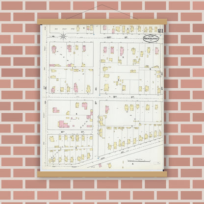 Old map wall art mockup — magnetic wood frame on brick wall — Sanborn Fire Insurance Map from Rock Island, Rock Island County, Illinois (1892), Sheet #0021