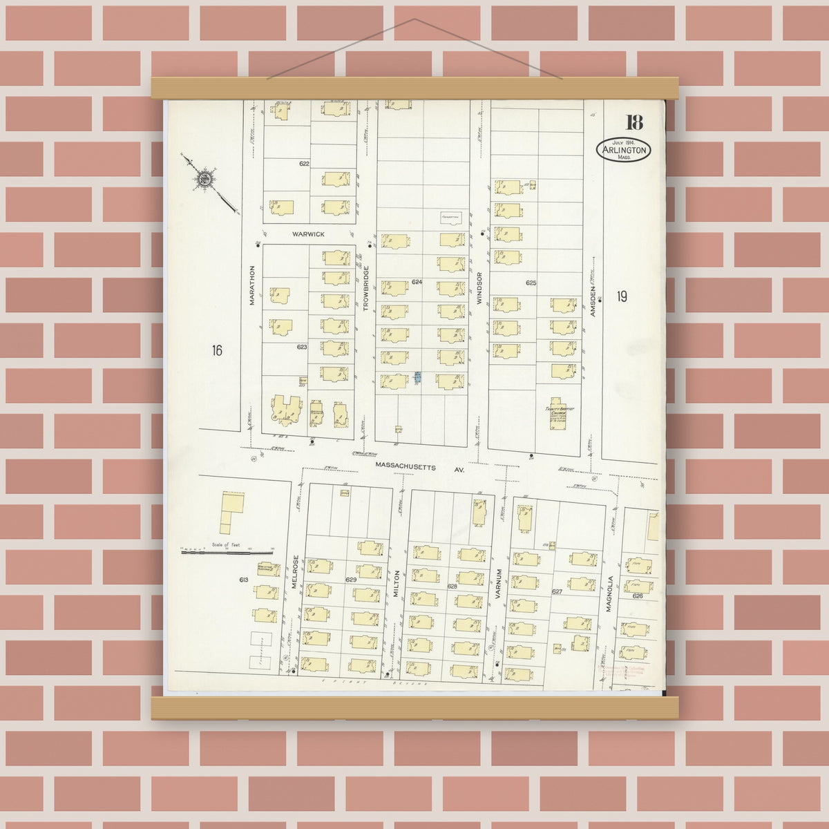 Old map wall art mockup — magnetic wood frame on brick wall — Sanborn Fire Insurance Map from Arlington, Middlesex County, Massachusetts (1914), Sheet #0018
