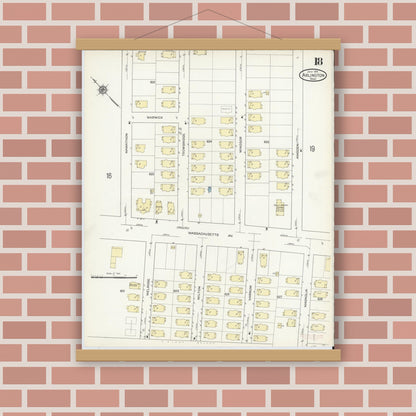 Old map wall art mockup — magnetic wood frame on brick wall — Sanborn Fire Insurance Map from Arlington, Middlesex County, Massachusetts (1914), Sheet #0018