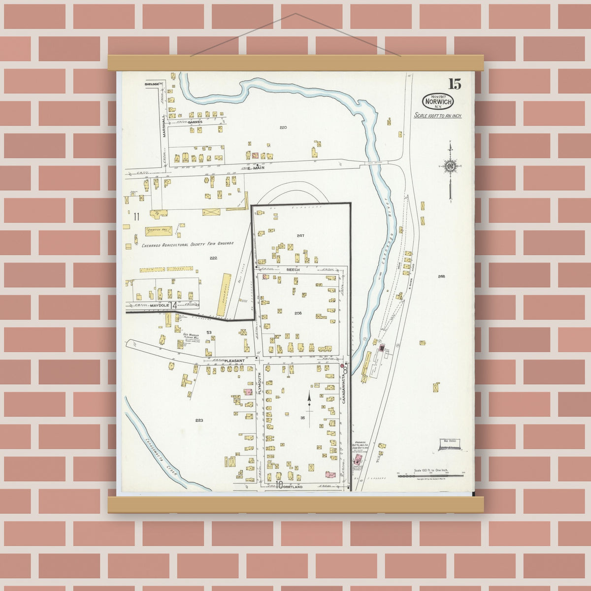 Old map wall art mockup — magnetic wood frame on brick wall — Sanborn Fire Insurance Map from Norwich, Chenango County, New York (1917), Sheet #0015