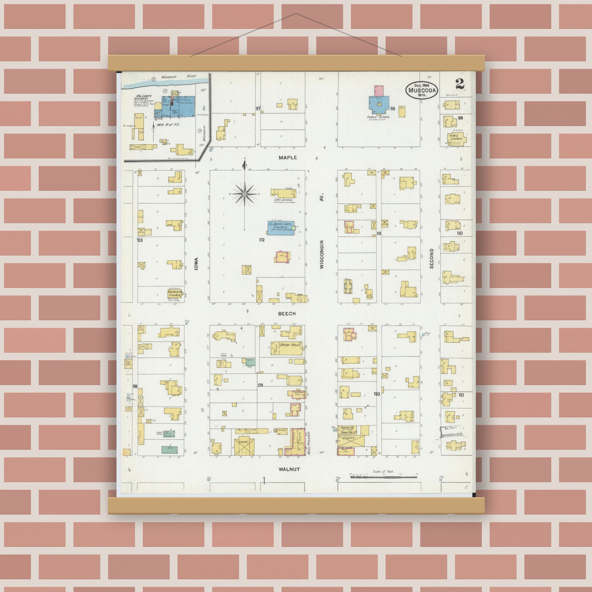 Old map wall art mockup — magnetic wood frame on brick wall — Sanborn Fire Insurance Map from Muscoda, Grant County, Wisconsin (1904), Sheet #0002