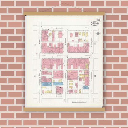 Old map wall art mockup — magnetic wood frame on brick wall — Sanborn Fire Insurance Map from Streator, La Salle County, Illinois (1916), Sheet #0013