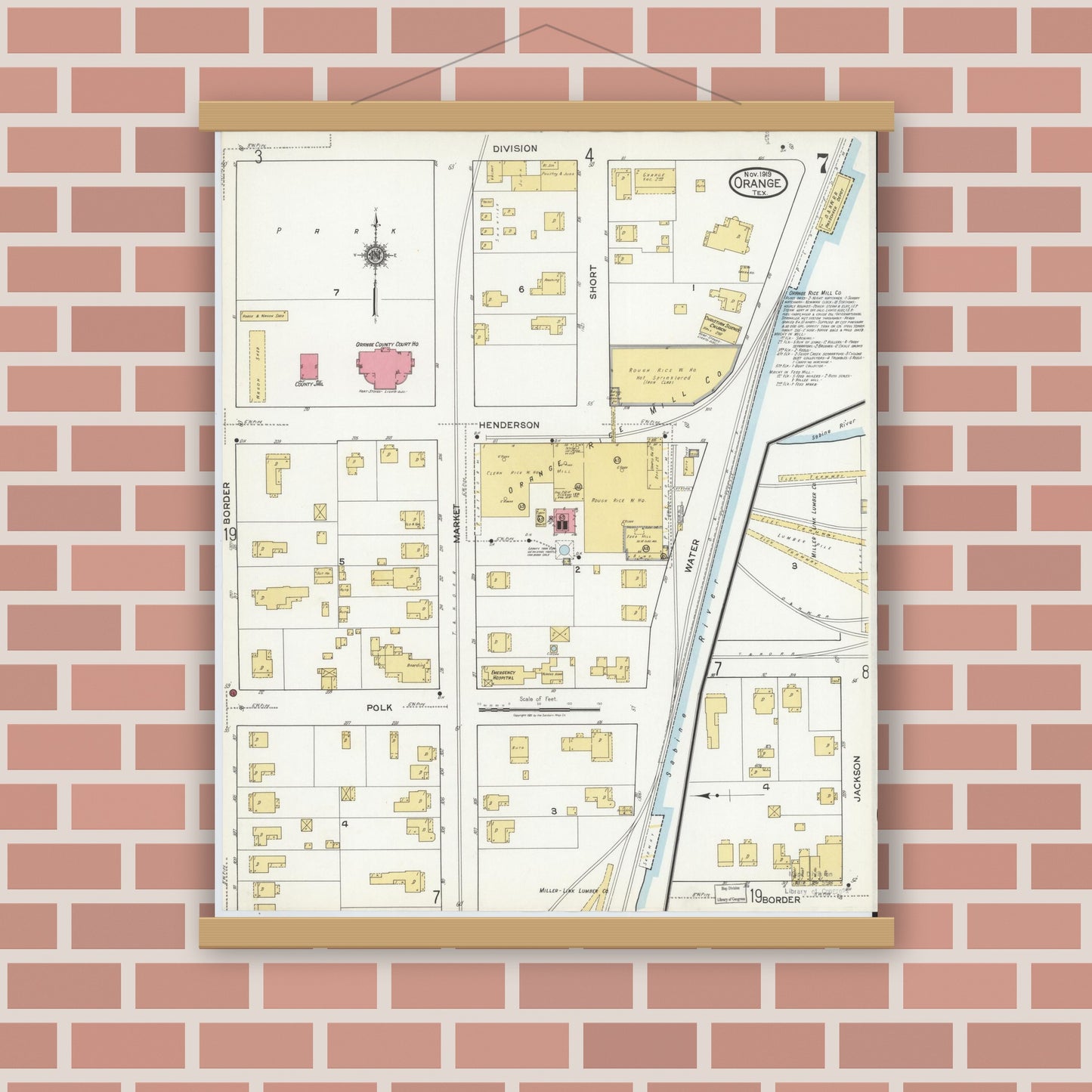 Old map wall art mockup — magnetic wood frame on brick wall — Sanborn Fire Insurance Map from Orange, Orange County, Texas (1919), Sheet #0007