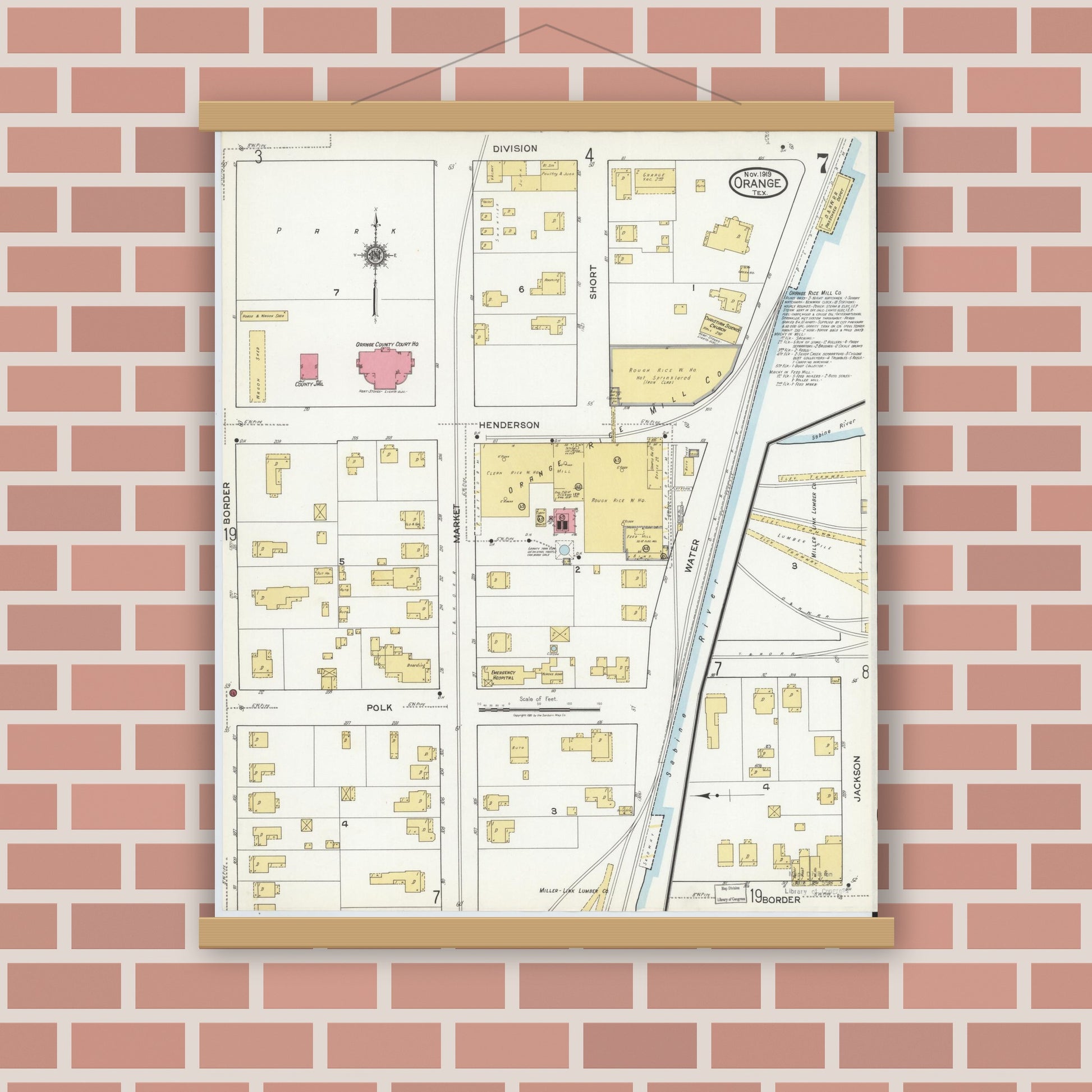 Old map wall art mockup — magnetic wood frame on brick wall — Sanborn Fire Insurance Map from Orange, Orange County, Texas (1919), Sheet #0007