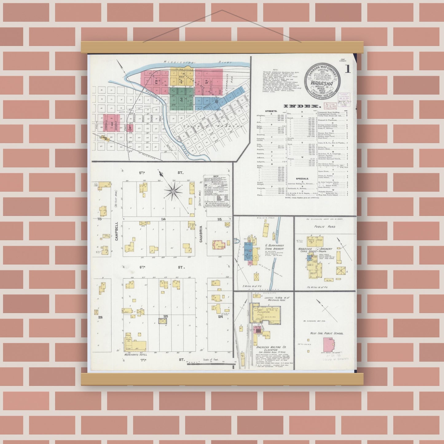 Old map wall art mockup — magnetic wood frame on brick wall — Sanborn Fire Insurance Map from Wabasha, Wabasha County, Minnesota (1902) - Complete Map Set