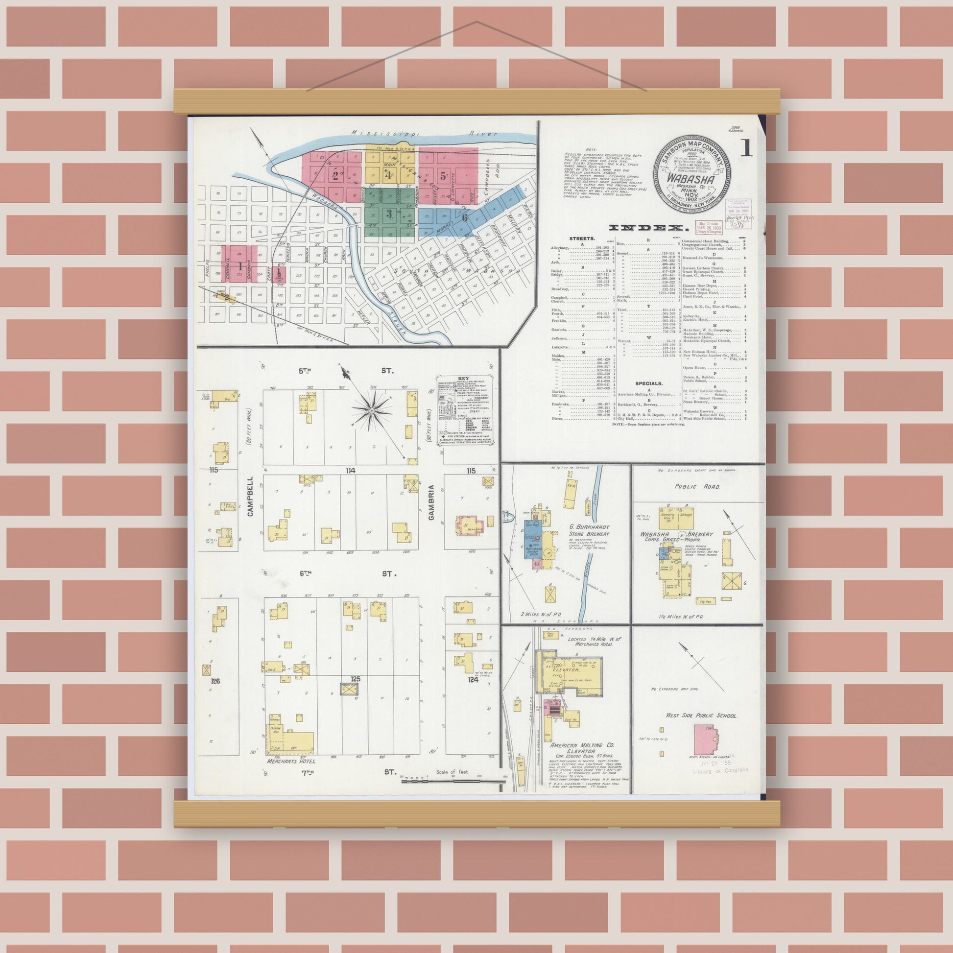 Old map wall art mockup — magnetic wood frame on brick wall — Sanborn Fire Insurance Map from Wabasha, Wabasha County, Minnesota (1902) - Complete Map Set