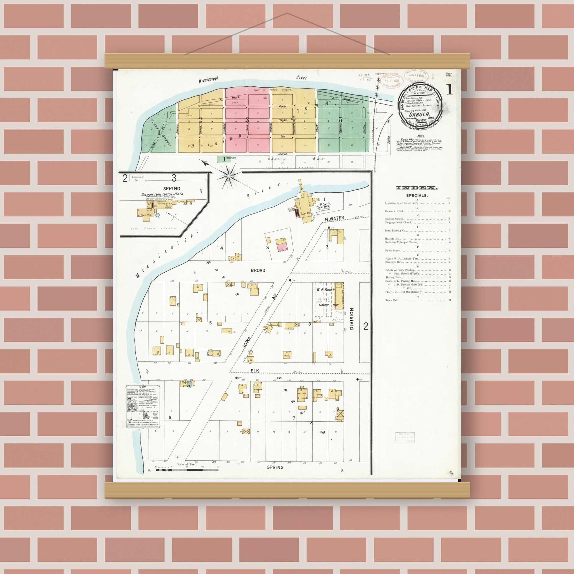 Old map wall art mockup — magnetic wood frame on brick wall — Sanborn Fire Insurance Map from Sabula, Jackson County, Iowa (1899), Sheet #0001