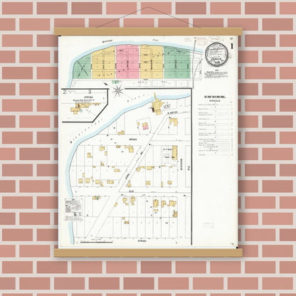Old map wall art mockup — magnetic wood frame on brick wall — Sanborn Fire Insurance Map from Sabula, Jackson County, Iowa (1899), Sheet #0001
