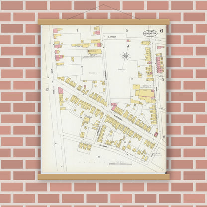 Old map wall art mockup — magnetic wood frame on brick wall — Sanborn Fire Insurance Map from Burlington, Burlington County, New Jersey (1902), Sheet #0006