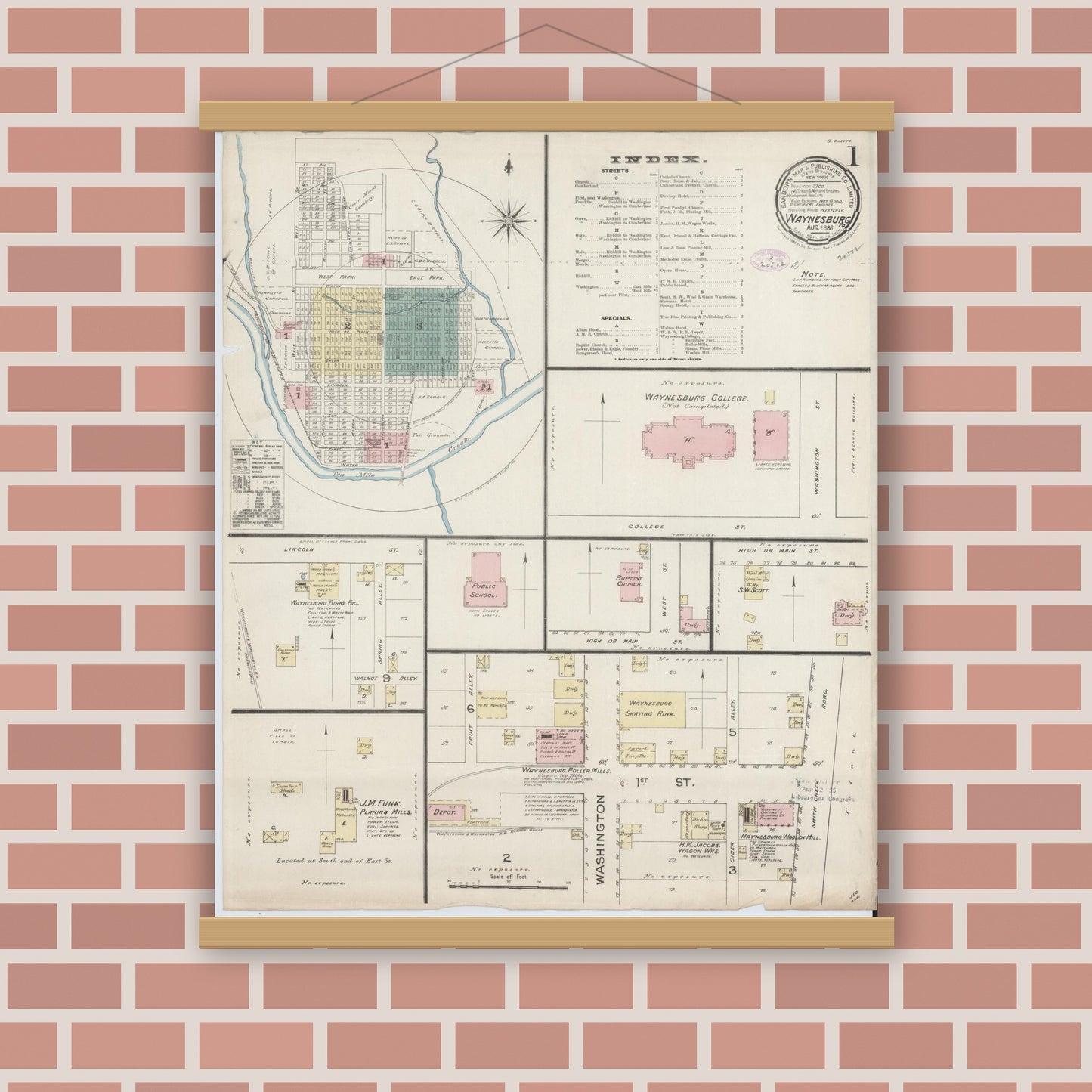 Old map wall art mockup — magnetic wood frame on brick wall — Sanborn Fire Insurance Map from Waynesburg, Greene County, Pennsylvania (1886) - Complete Map Set