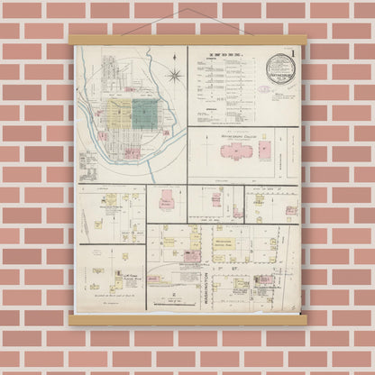 Old map wall art mockup — magnetic wood frame on brick wall — Sanborn Fire Insurance Map from Waynesburg, Greene County, Pennsylvania (1886) - Complete Map Set