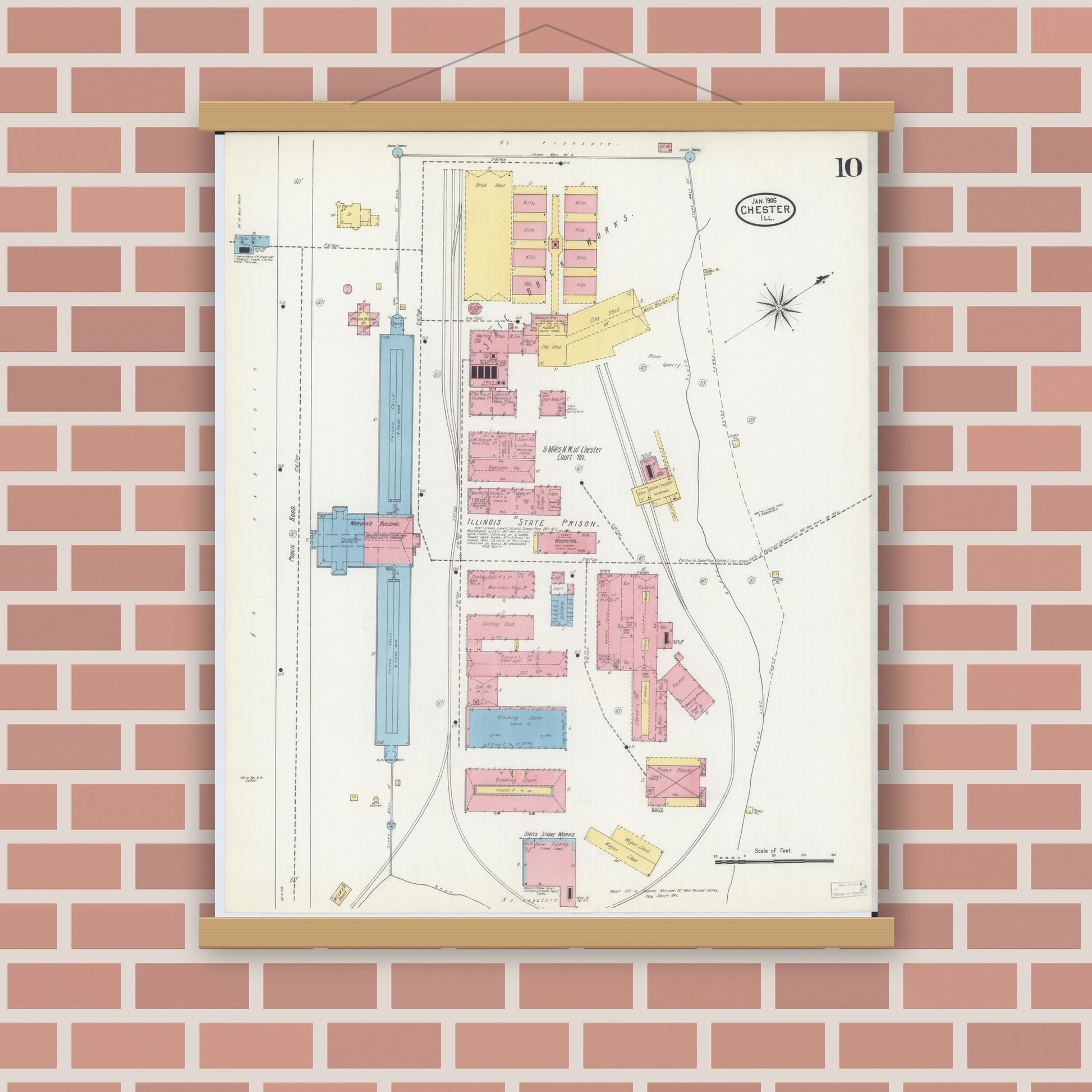 Old map wall art mockup — magnetic wood frame on brick wall — Sanborn Fire Insurance Map from Chester, Randolph County, Illinois (1906), Sheet #0010