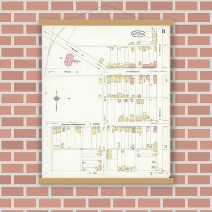 Old map wall art mockup — magnetic wood frame on brick wall — Sanborn Fire Insurance Map from Gettysburg, Adams County, Pennsylvania (1912), Sheet #0008