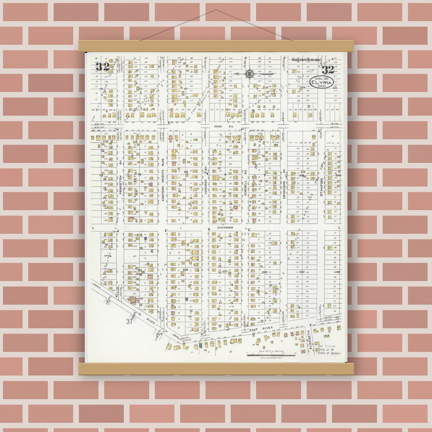 Old map wall art mockup — magnetic wood frame on brick wall — Sanborn Fire Insurance Map from Elyria, Lorain County, Ohio (1925), Sheet #0032