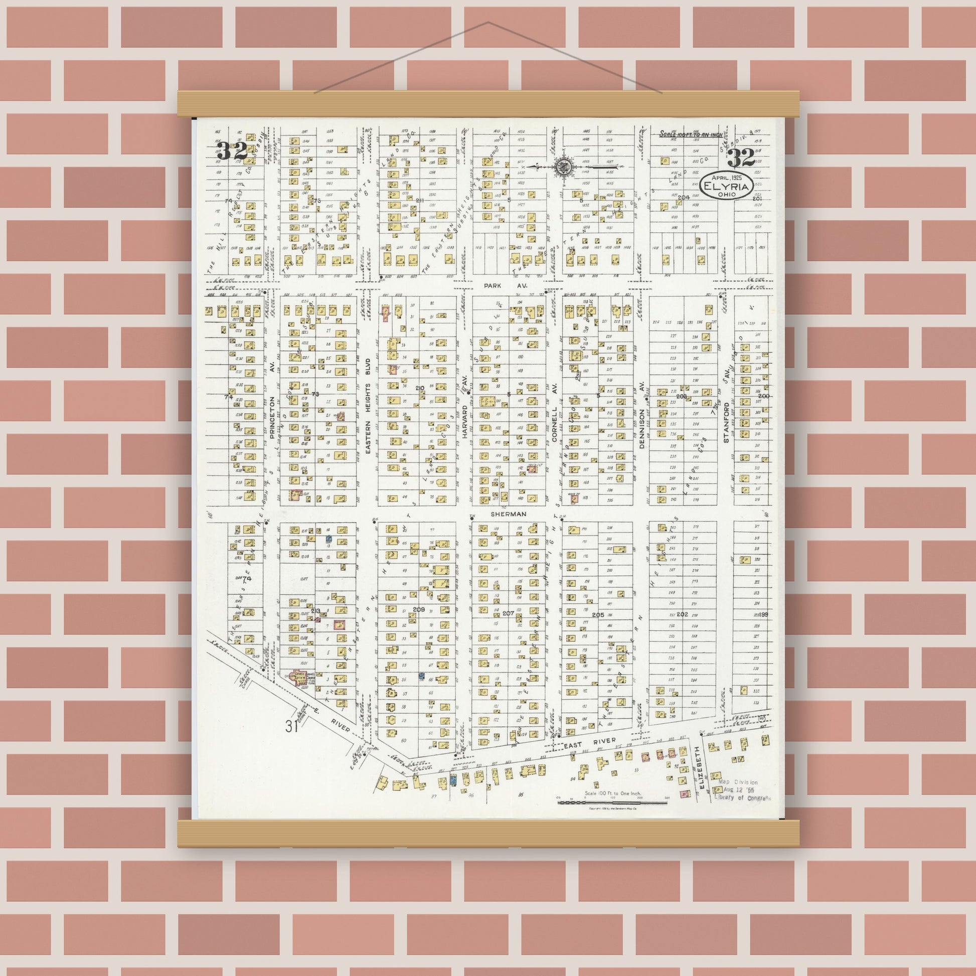 Old map wall art mockup — magnetic wood frame on brick wall — Sanborn Fire Insurance Map from Elyria, Lorain County, Ohio (1925), Sheet #0032