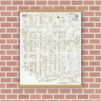 Old map wall art mockup — magnetic wood frame on brick wall — Sanborn Fire Insurance Map from Elyria, Lorain County, Ohio (1925), Sheet #0032