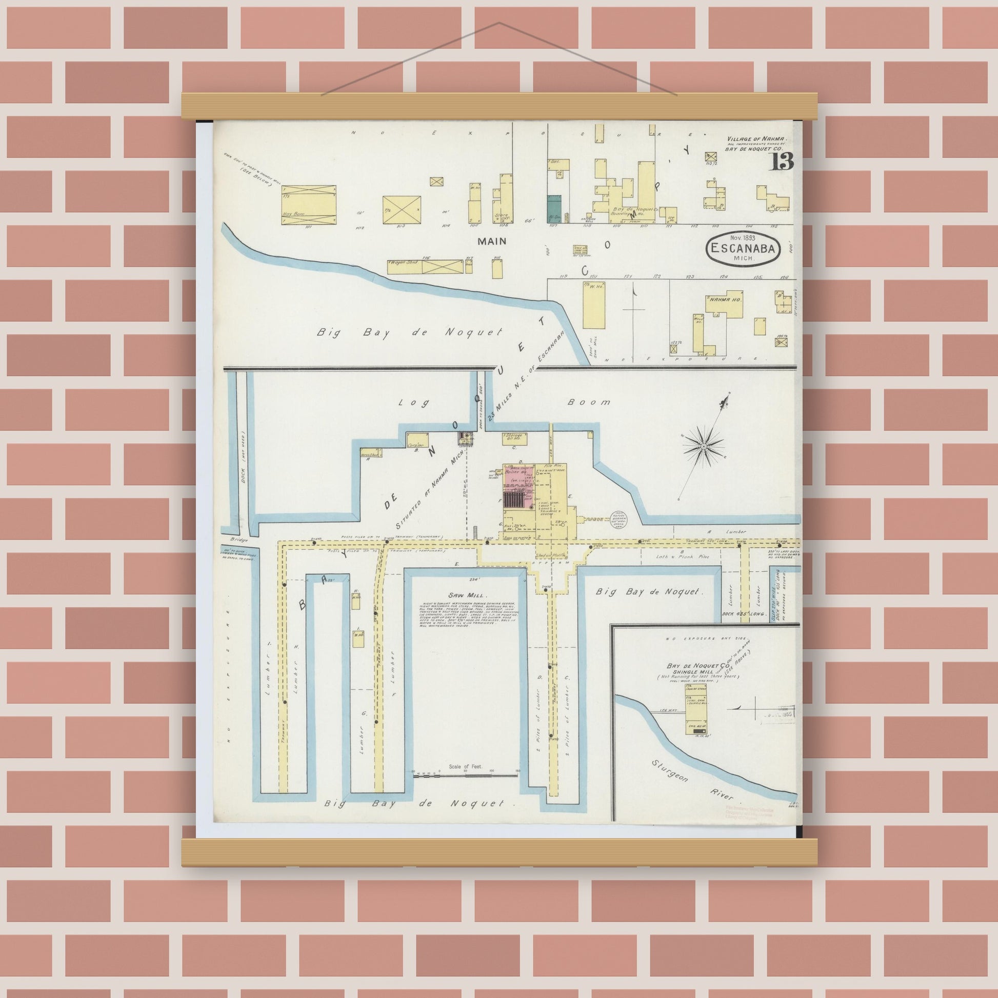 Old map wall art mockup — magnetic wood frame on brick wall — Sanborn Fire Insurance Map from Escanaba, Delta County, Michigan (1893), Sheet #0013