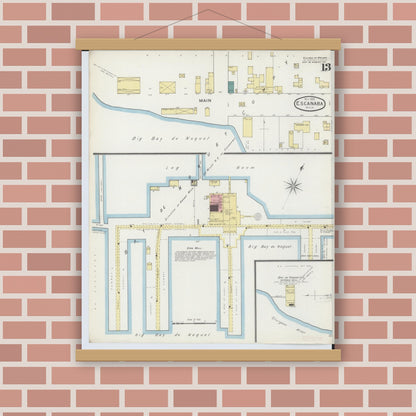 Old map wall art mockup — magnetic wood frame on brick wall — Sanborn Fire Insurance Map from Escanaba, Delta County, Michigan (1893), Sheet #0013