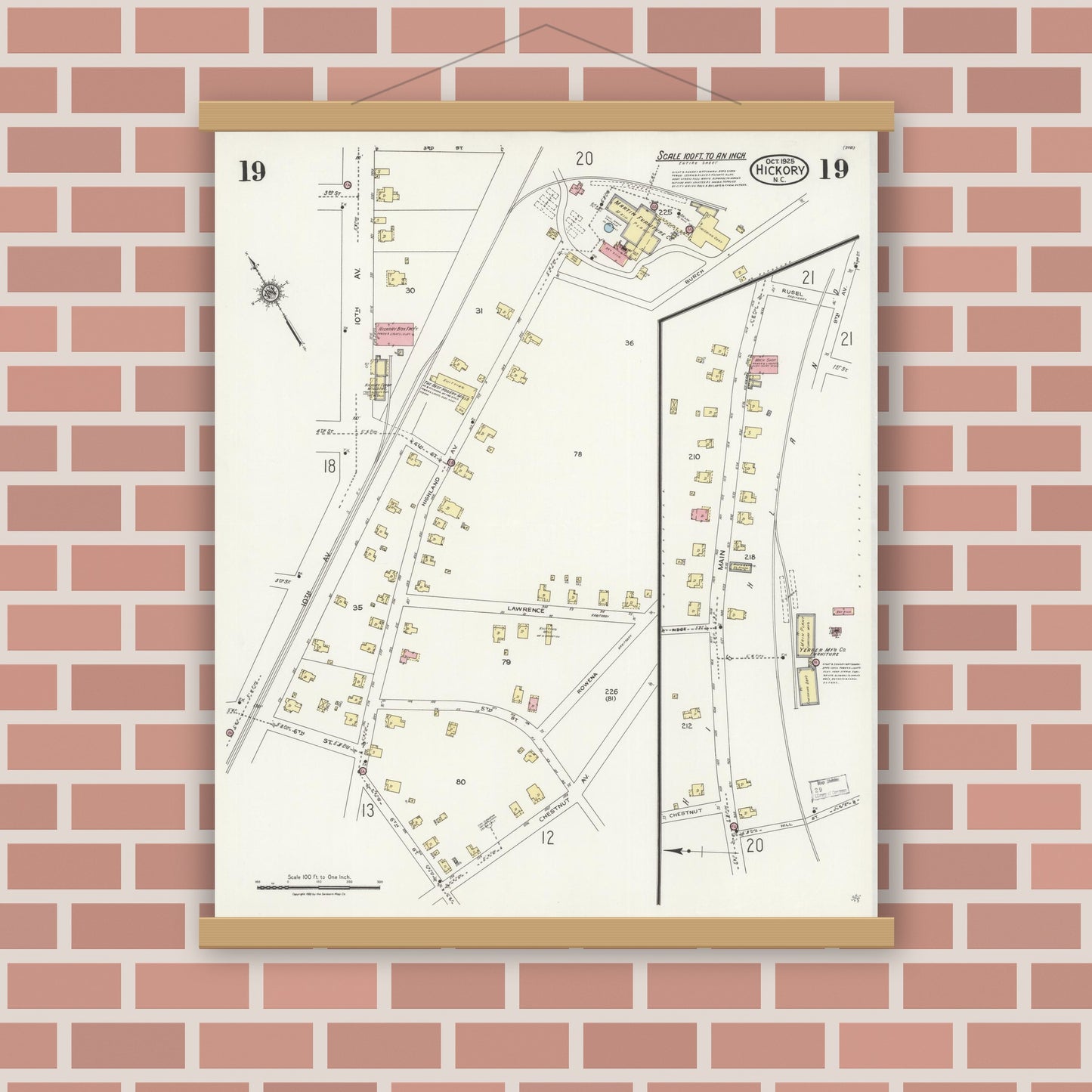 Old map wall art mockup — magnetic wood frame on brick wall — Sanborn Fire Insurance Map from Hickory, Catawba County, North Carolina (1925), Sheet #0019