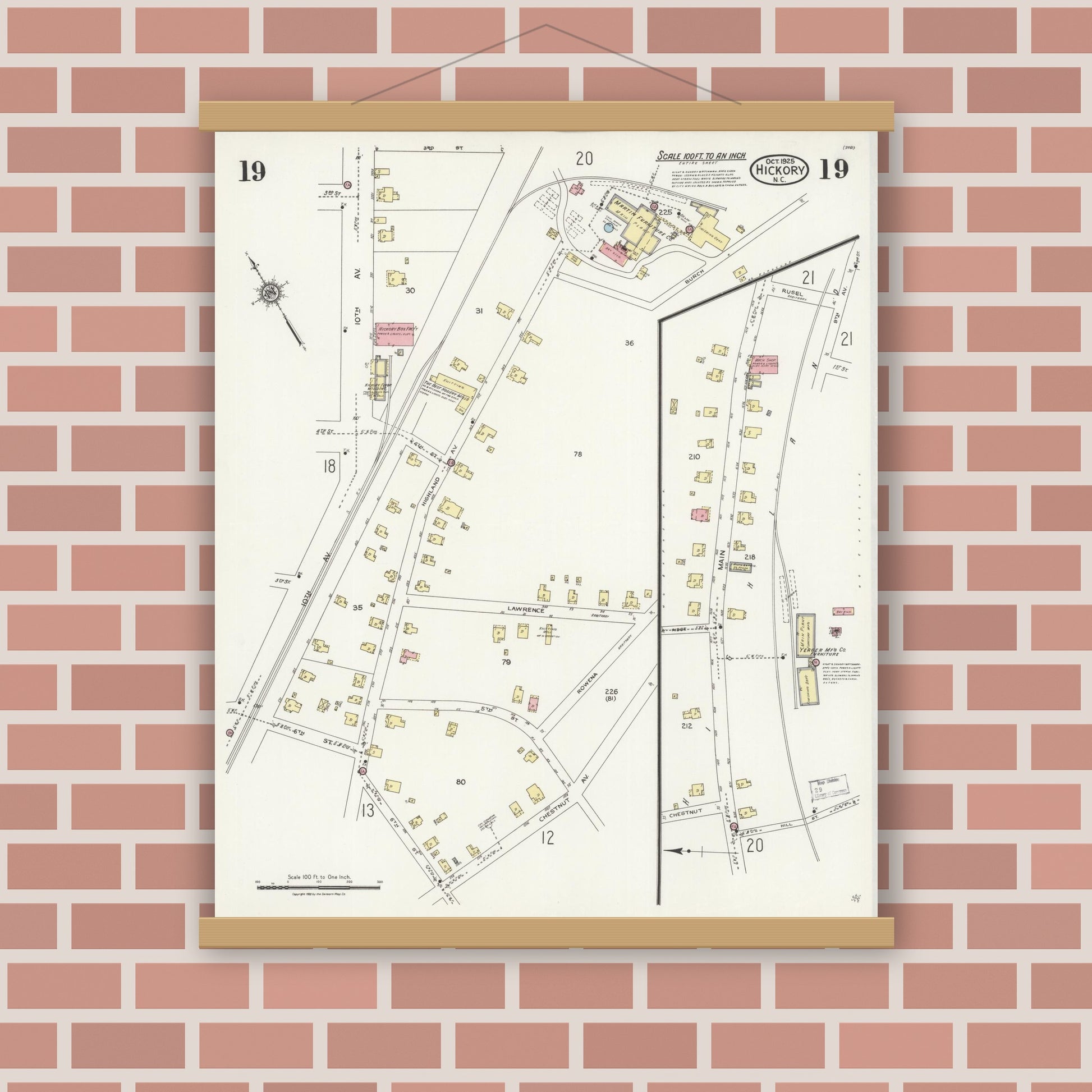 Old map wall art mockup — magnetic wood frame on brick wall — Sanborn Fire Insurance Map from Hickory, Catawba County, North Carolina (1925), Sheet #0019