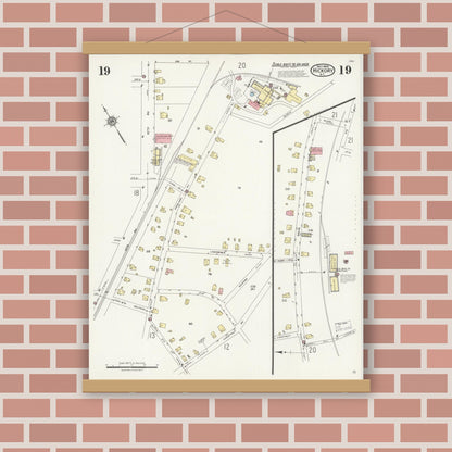 Old map wall art mockup — magnetic wood frame on brick wall — Sanborn Fire Insurance Map from Hickory, Catawba County, North Carolina (1925), Sheet #0019